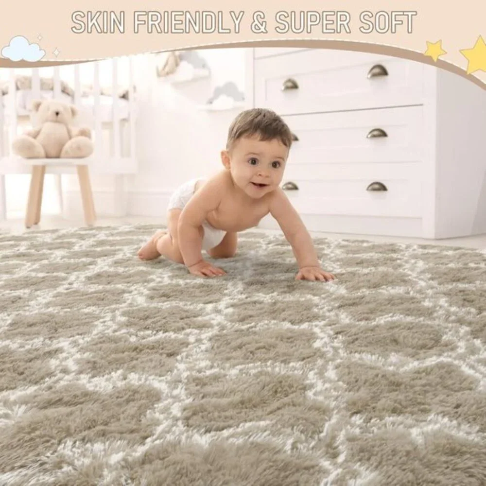5x8In Luxury Shag Area Rug, Soft Plush Moroccan Geometric Rug for Bedroom, Beige